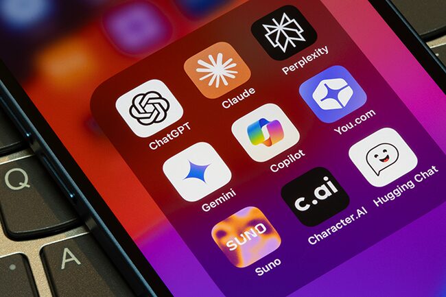 Image of a smart phone screen with a bunch of generative AI apps.