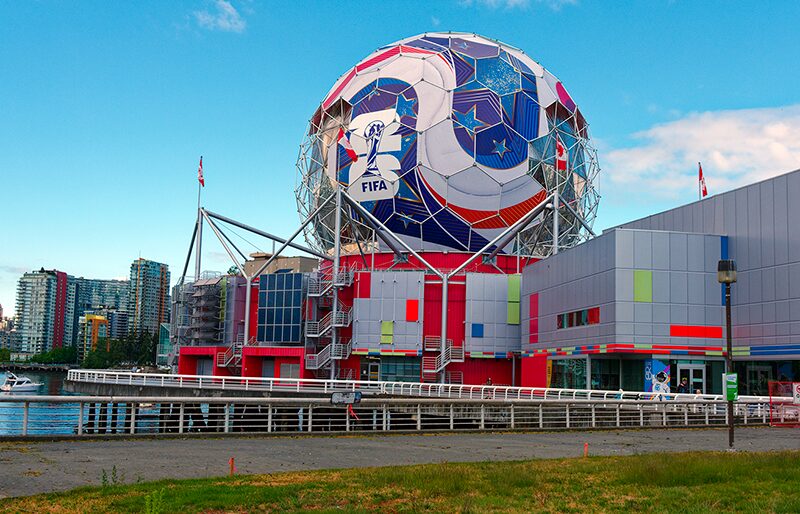 BC Place in Vancouver, BC, Canada transformed into a soccer ball for the 2026 FIFA World Cup