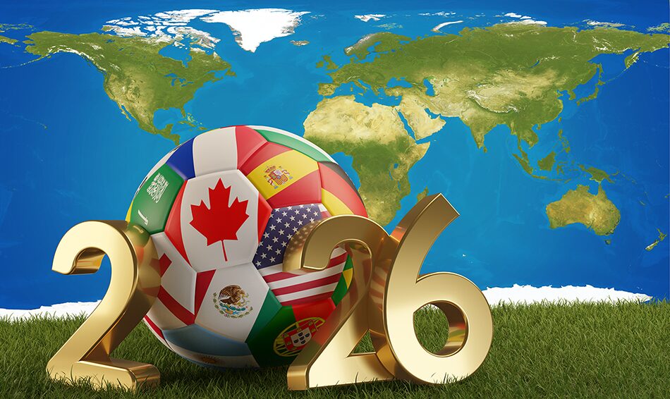 soccer ball covered in country flags used as the zero in 2026 with part of the globe in the background