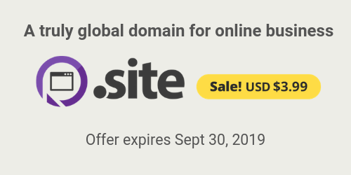 .site domain on sale now for $3.99 until Sept 30 2019