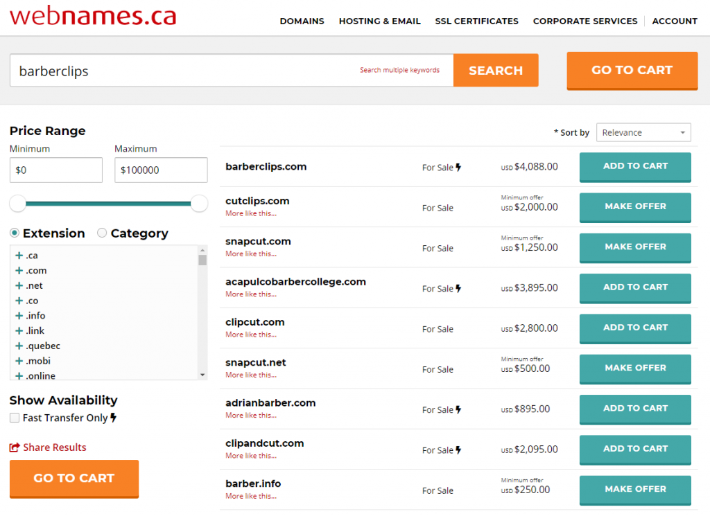 webnames domain marketplace search results
