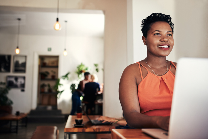 woman confidently researching online and interacting with content