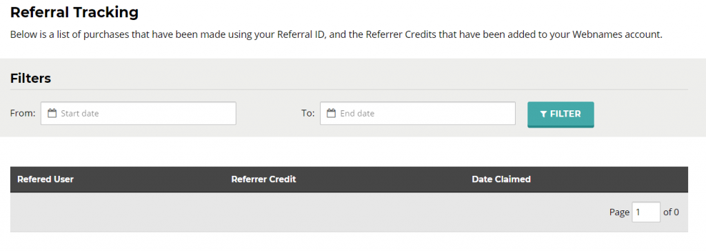 Referral tracking for Webnames Refer a Friend program in My Webnames account. 