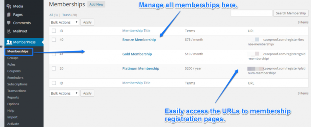 wordpress memberships management screen